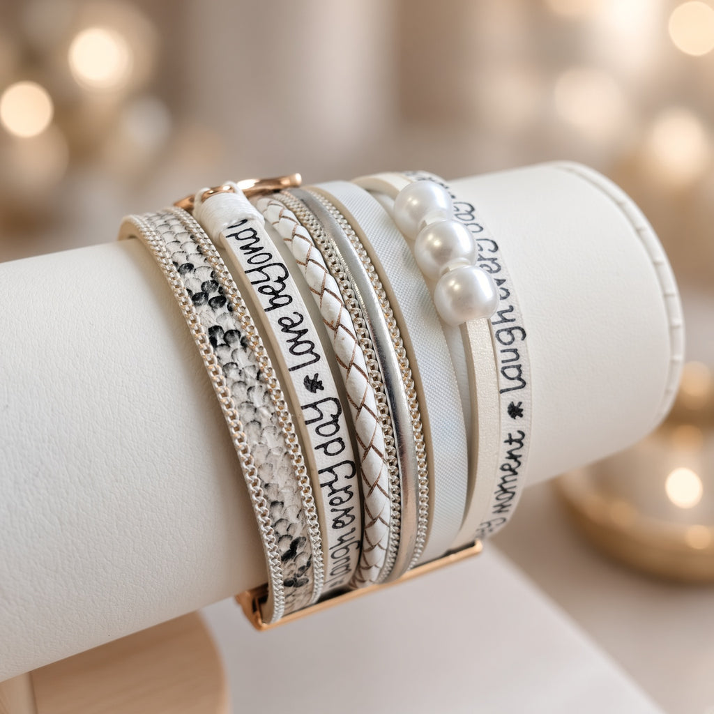 Bracelet multi-rangs blanc – Perles, message et fermoir cœur | Fermoir aimanté doré