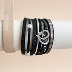 Bracelet multi-rangs noir – Cuir, perle et fermoir cœur | Acier inoxydable aimanté