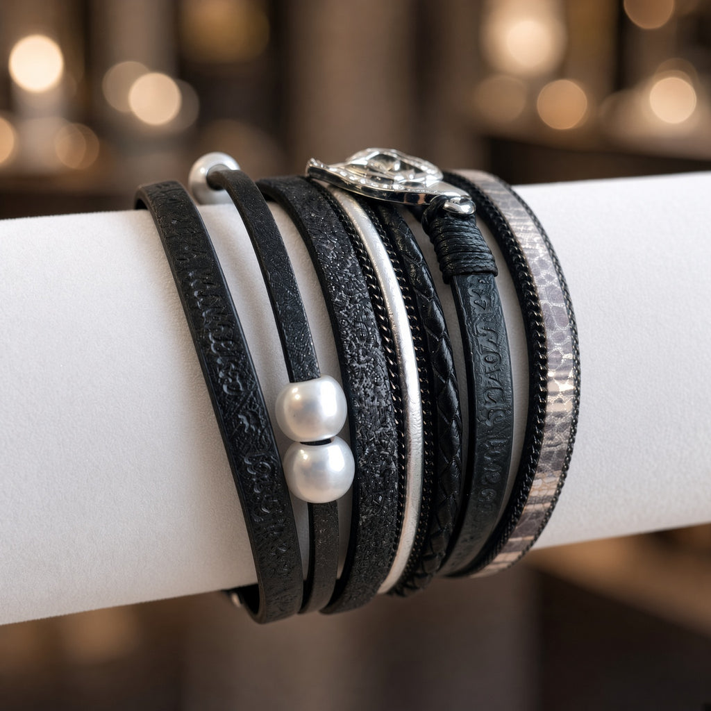 Bracelet multi-rangs noir – Cuir, perle et fermoir cœur | Acier inoxydable aimanté