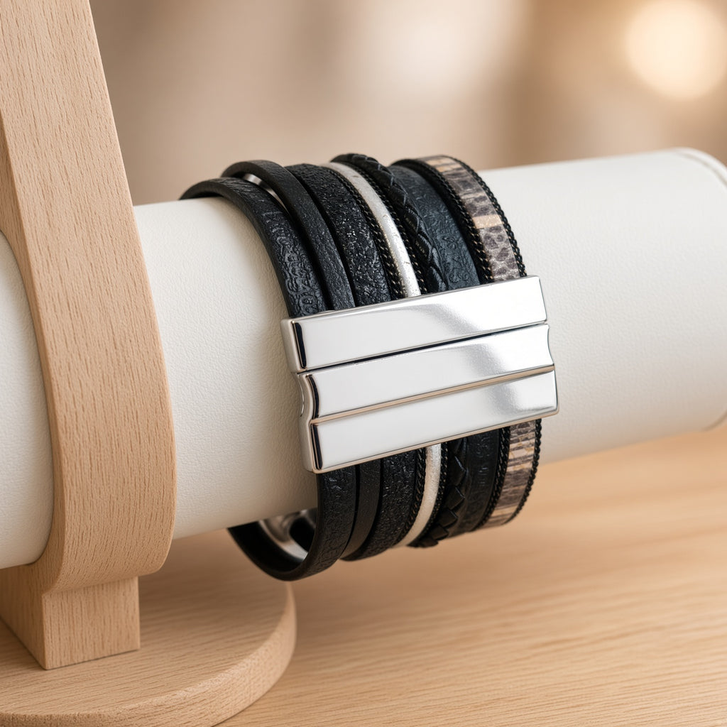 Bracelet multi-rangs noir – Cuir, perle et fermoir cœur | Acier inoxydable aimanté