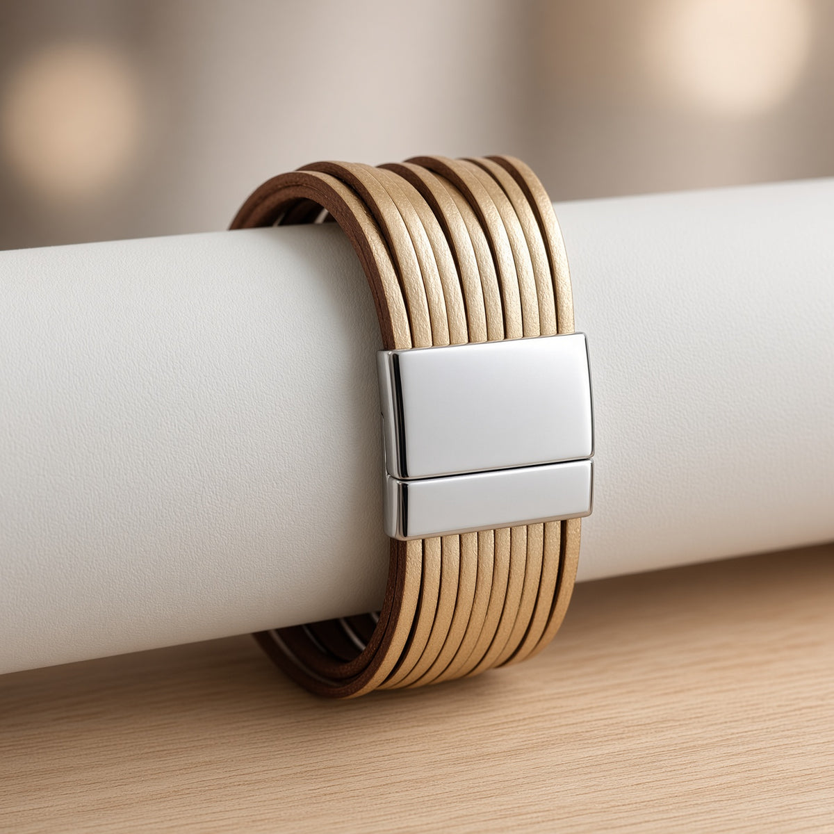 Bracelet multi-rangs cuir doré – Fermoir aimanté acier inoxydable | Bracelet femme