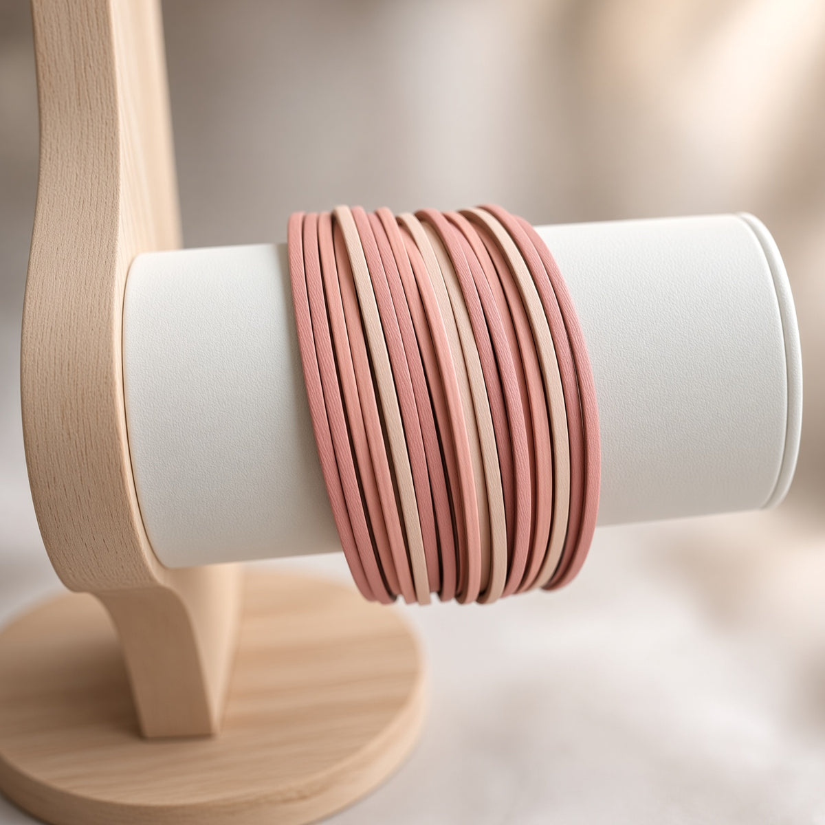 Bracelet multi-rangs cuir – Fermoir aimanté acier inoxydable | Bracelet femme nude et rose