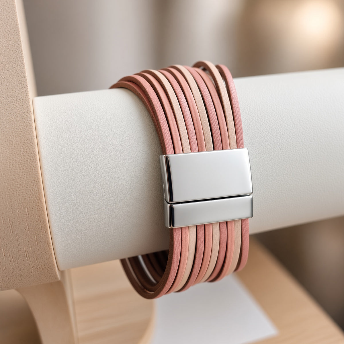 Bracelet multi-rangs cuir – Fermoir aimanté acier inoxydable | Bracelet femme nude et rose