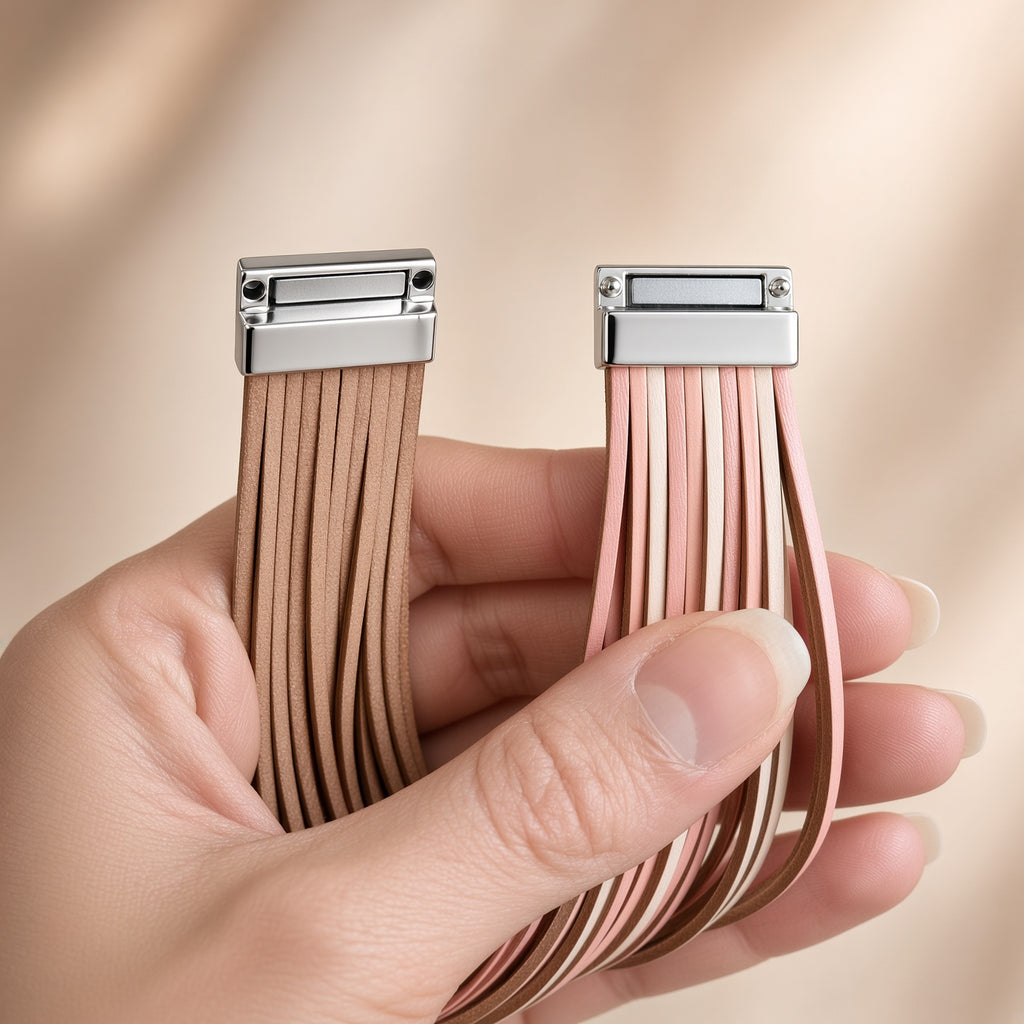 Bracelet multi-rangs cuir – Fermoir aimanté acier inoxydable | Bracelet femme nude et rose