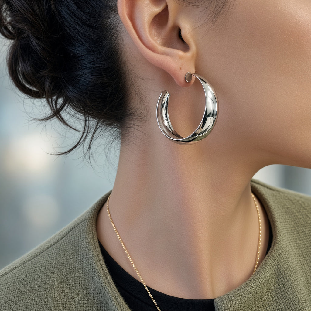 Boucles d'oreilles créoles larges lisses – Acier inoxydable argenté | Bijoux femme modernes et lumineux