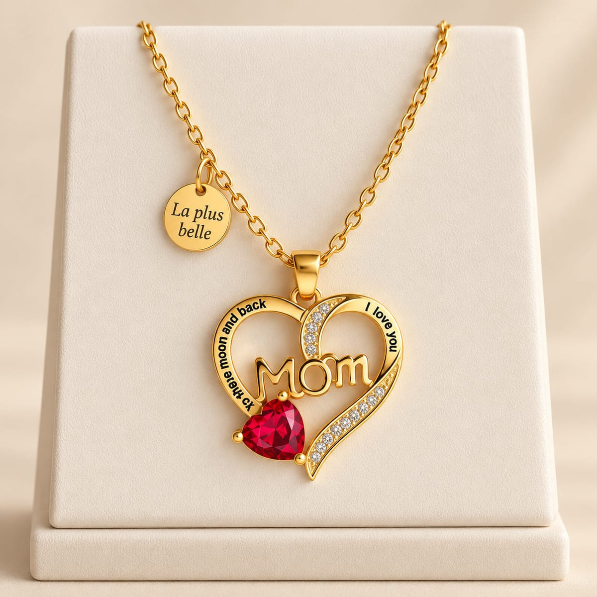 Collier Maman Cœur Zircon Rouge Gravé | Mom I Love You | Acier Inoxydable 45cm | Cadeau Fête des Mères
