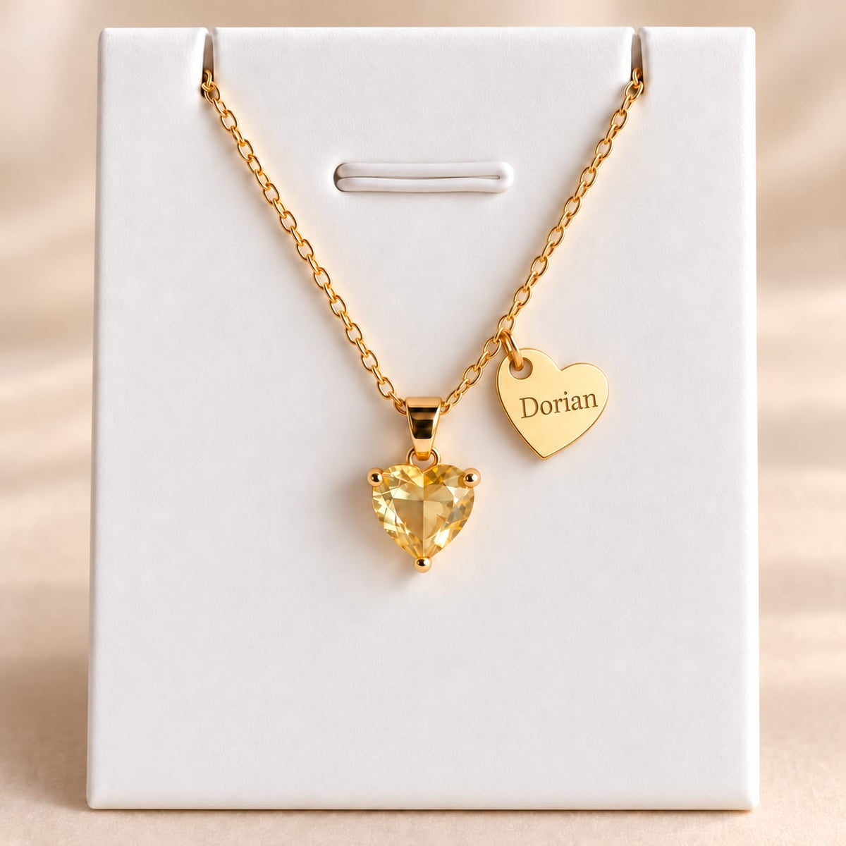 Collier Cœur Zircon Jaune Gravé Prénom | Acier Inoxydable Chaîne 45cm | Cadeau Femme