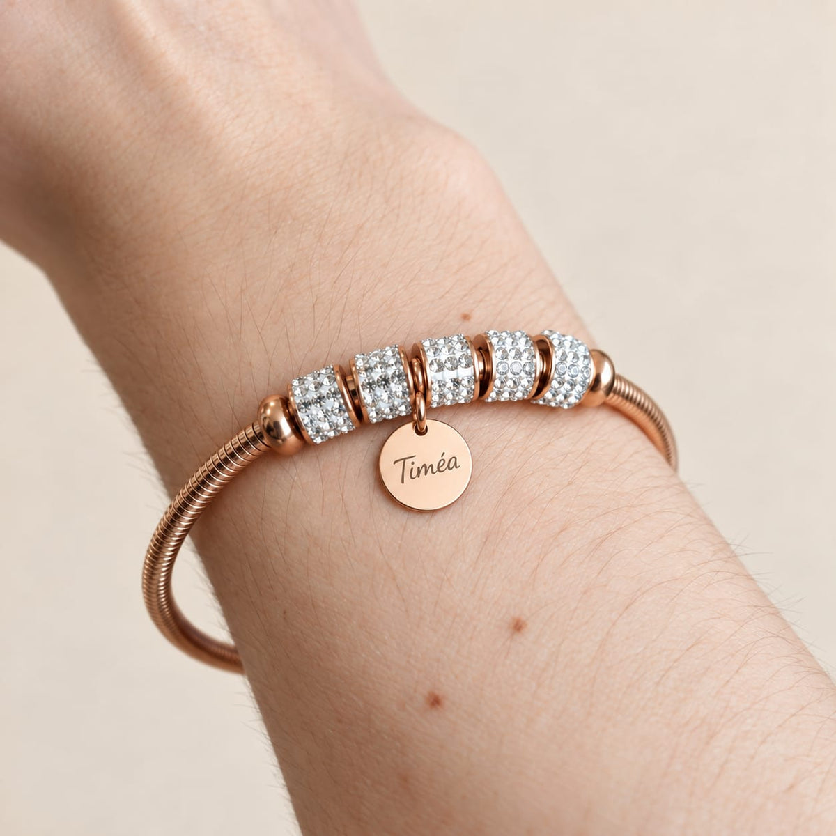 Bracelet Femme Or Rose Gravé Prénom | Maille Serpent Strass | Acier Inoxydable | Cadeau Personnalisé