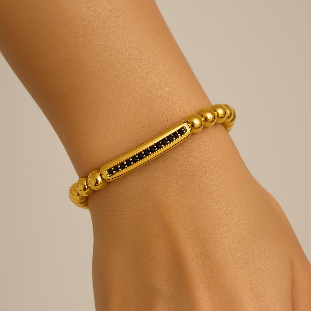 Bracelet perles dorées barre noire – Cordon ajustable | Bracelet mixte