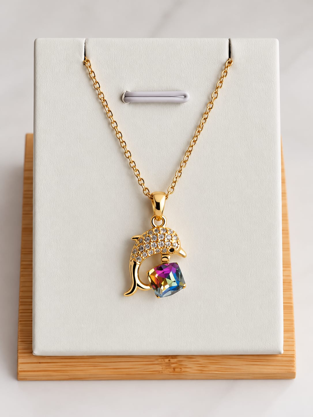 Collier et Pendentif Dauphin Doré & Cristal Multicolore – Élégance Océanique - Acier inoxydable