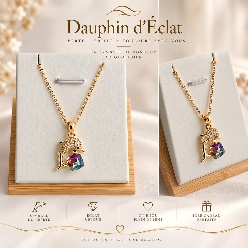 Collier et Pendentif Dauphin Doré & Cristal Multicolore – Élégance Océanique - Acier inoxydable
