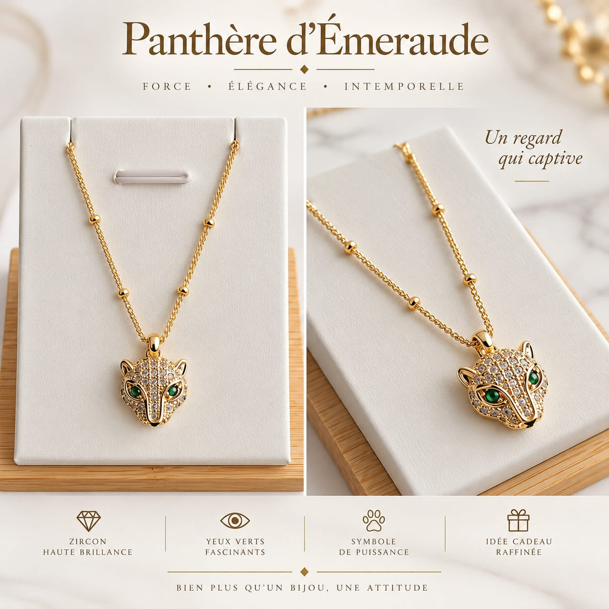 Collier + Pendentif tête de panthère dorée – yeux verts & zircons
