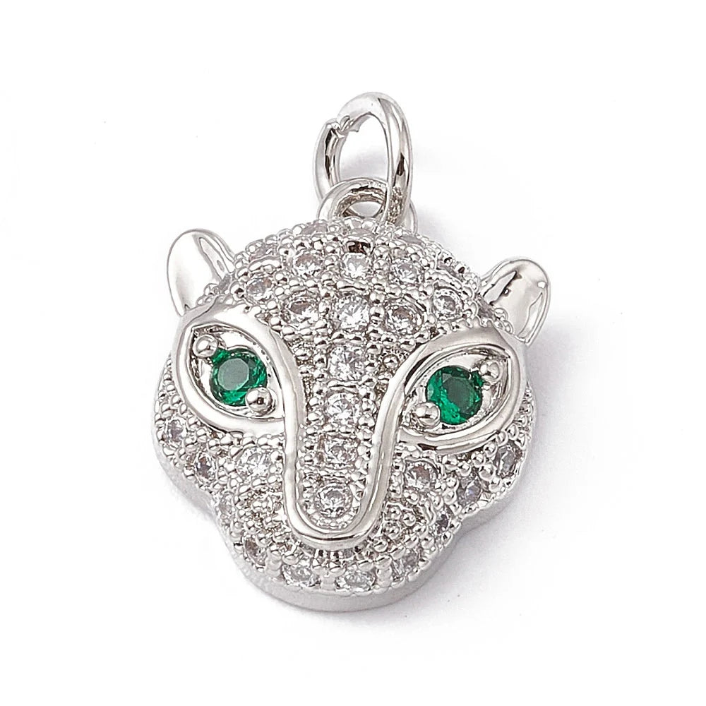 Collier et Pendentif tête de panthère argentée – yeux verts & zircons