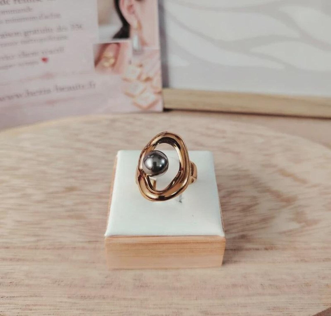 Bague ouverte ajustable perle intense – Ovale asymétrique sculptural - Acier inoxydable plaqué Or 18K