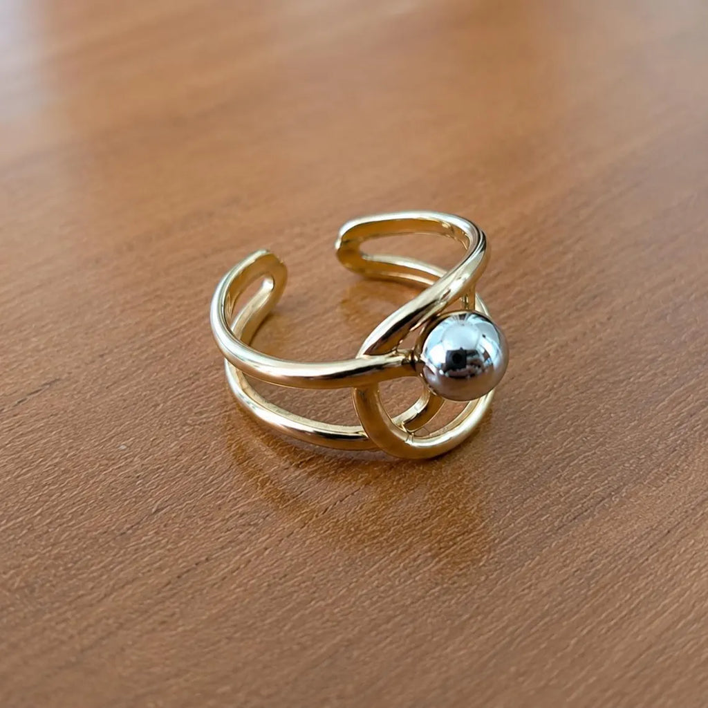 Bague femme ouverte ajustable design Entrelacé Doré Perle Argentée – Acier Inoxydable plaqué or