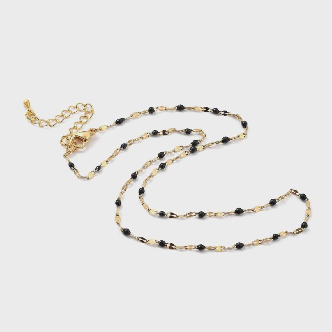 Chaîne Dorée Perles Noires – Style Minimaliste & Chic - Acier inoxydable doré à l'or fin 18 carats - 45cm + 5cm