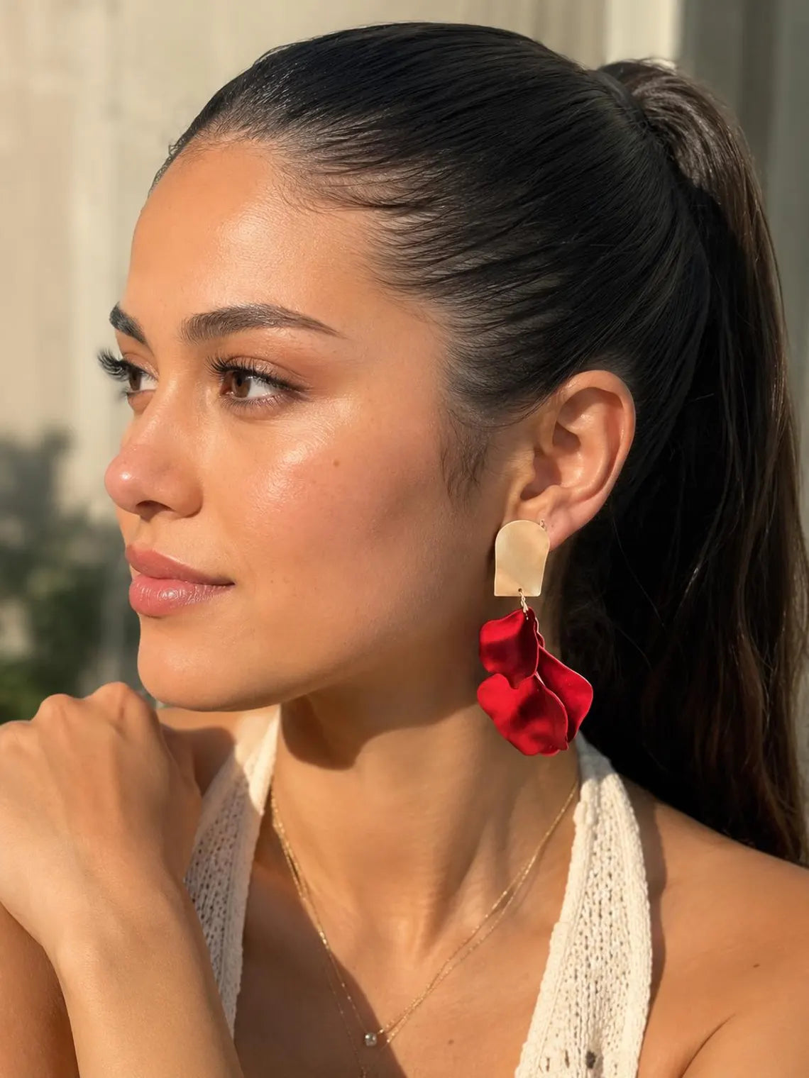 Boucles d’Oreilles Rose Passion - Pendantes fleur pour femme - Rouge et doré or