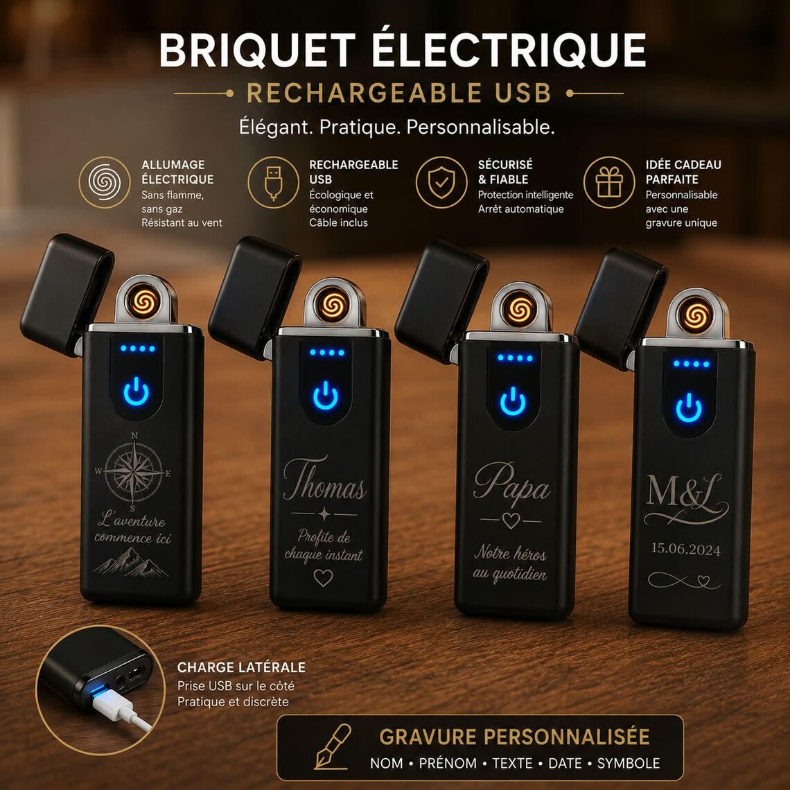 Briquet Électrique Rechargeable USB avec Gravure Personnalisée – Allumage Sans Flamme Anti-Vent – Idée Cadeau Maman Papa Anniversaire Noël