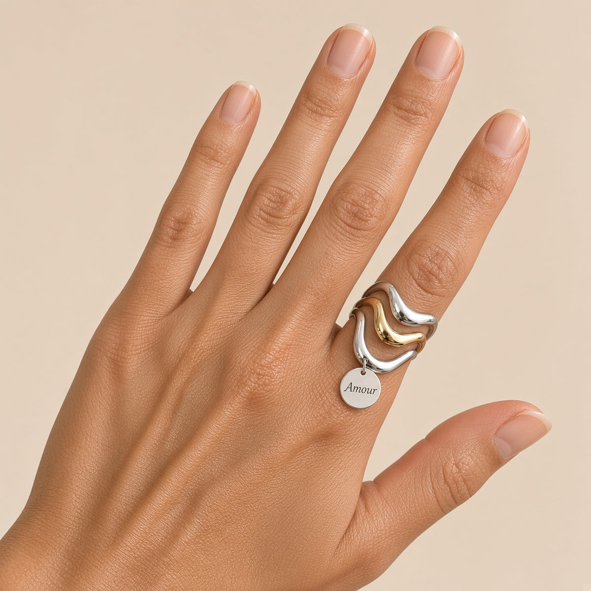 Bague Ajustable Femme Médaille Gravée | Vague Argent Or | Mot Initiale Date Symbole | Cadeau Personnalisé