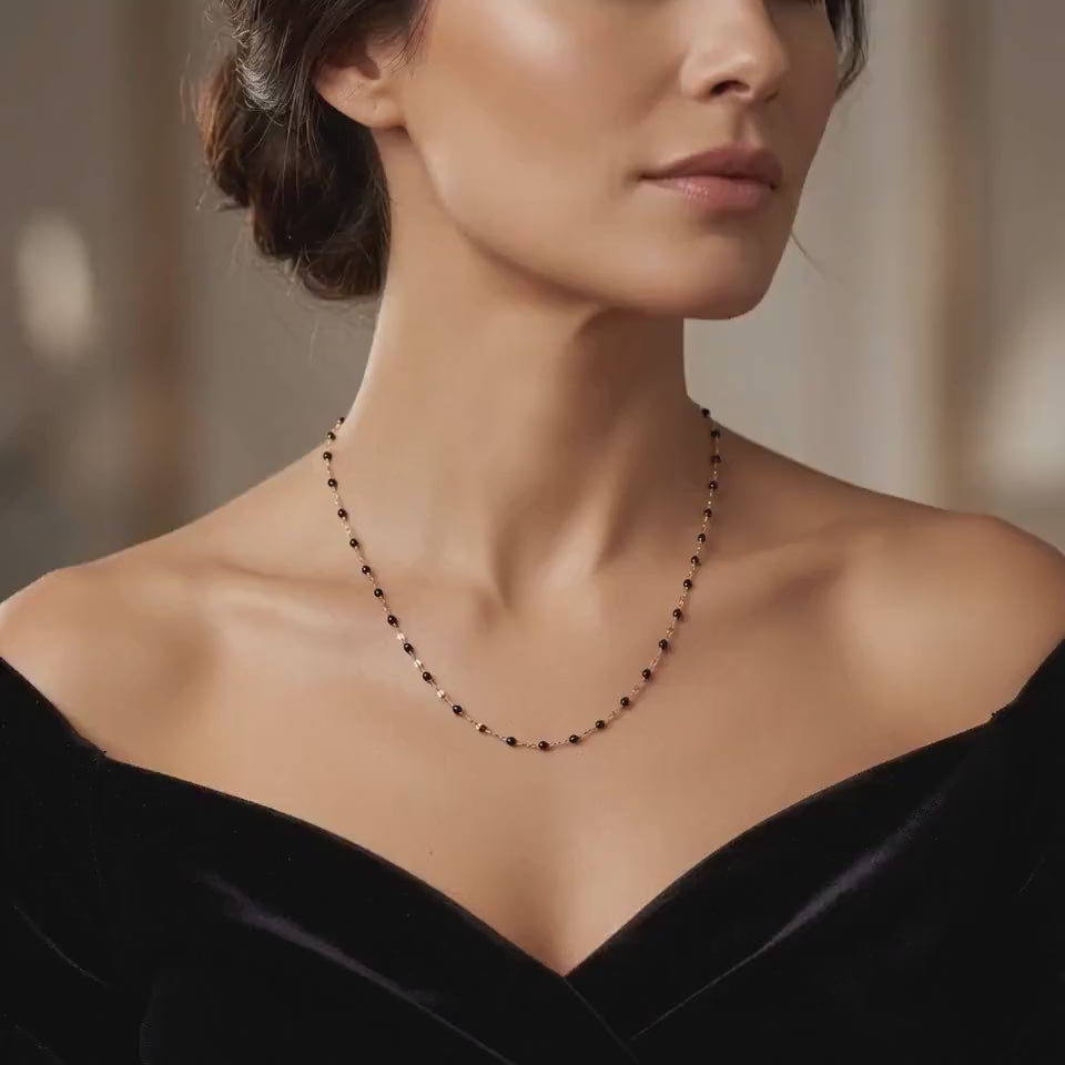Chaîne Dorée Perles Noires – Style Minimaliste & Chic - Acier inoxydable doré à l'or fin 18 carats - 45cm + 5cm
