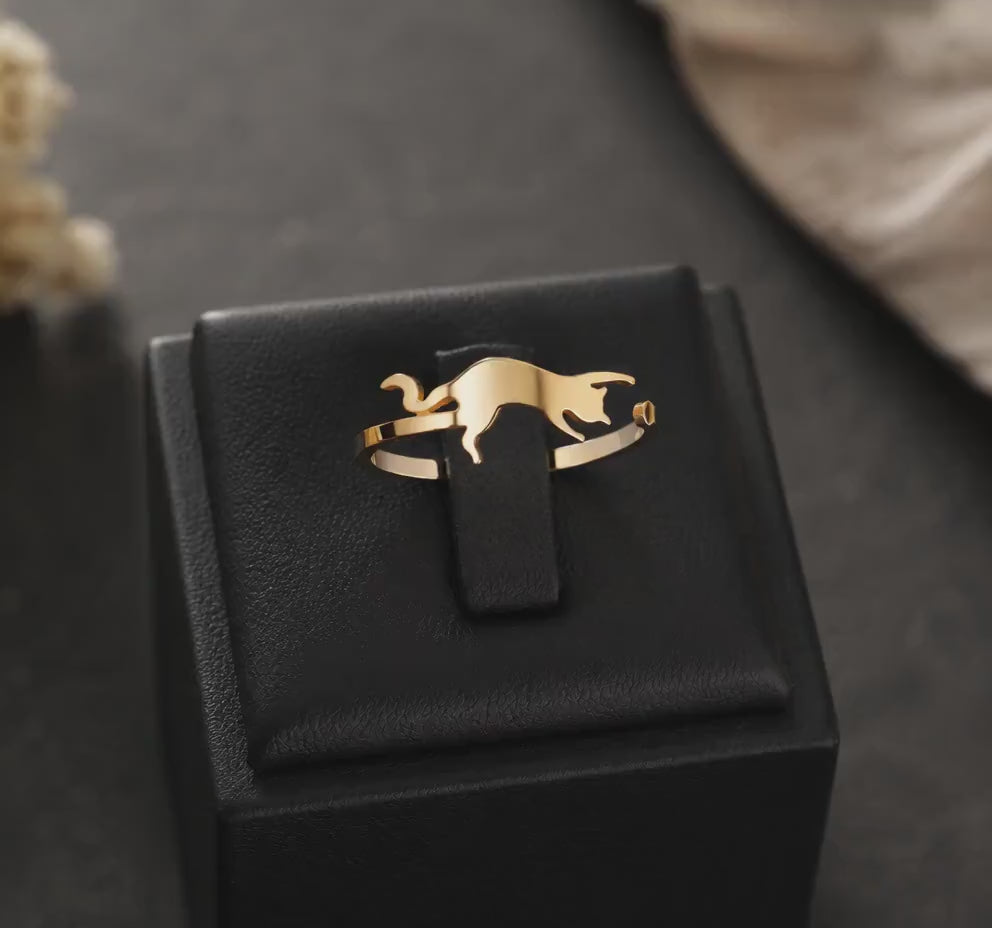 Bague ajustable Chat – Acier Inoxydable Plaqué Or 18 Carats - Bague femme ouverte réglable