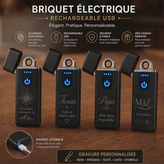 Briquet Électrique Rechargeable USB avec Gravure Personnalisée – Allumage Sans Flamme Anti-Vent – Idée Cadeau Maman Papa Anniversaire Noël