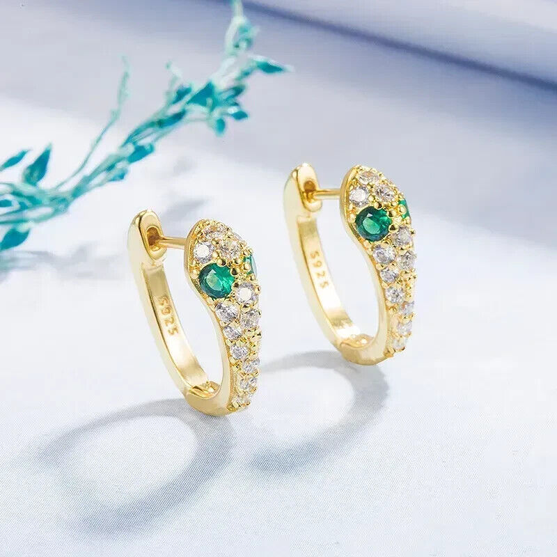 Mini Créoles Serpent Argent 925 Doré Élégance – Émeraude & Zircons